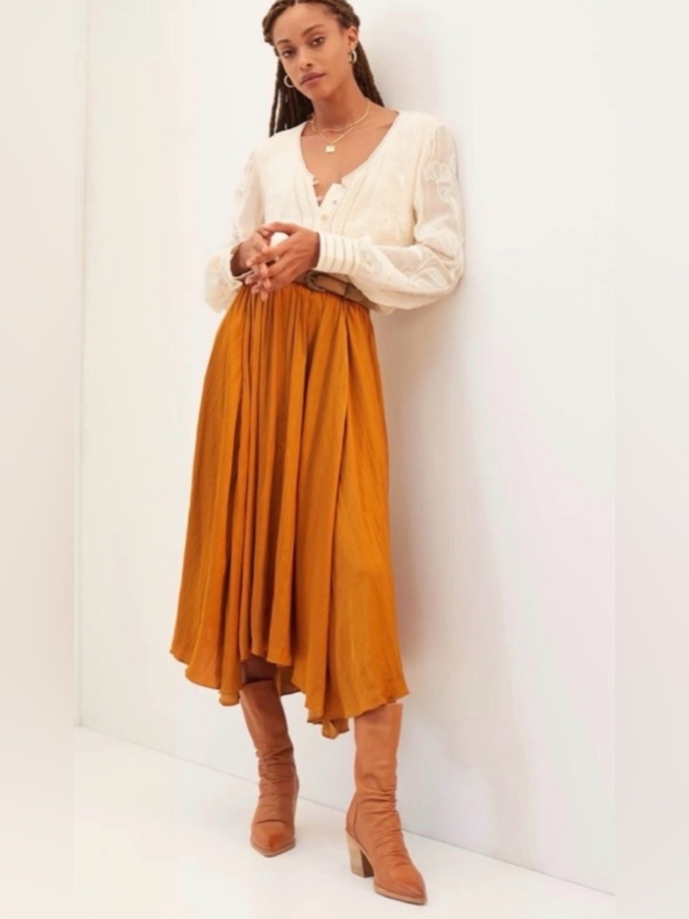 Anthropologie Golden Mustard High-Low Midi Skirt Elastic Waist Pull On Sz S